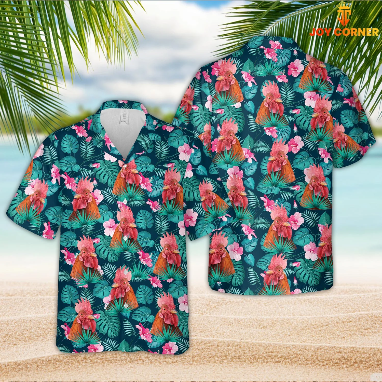 Rooster Themed Hawaiian Shirt Showcasing Blue Summertime Florals 3D Print Detail