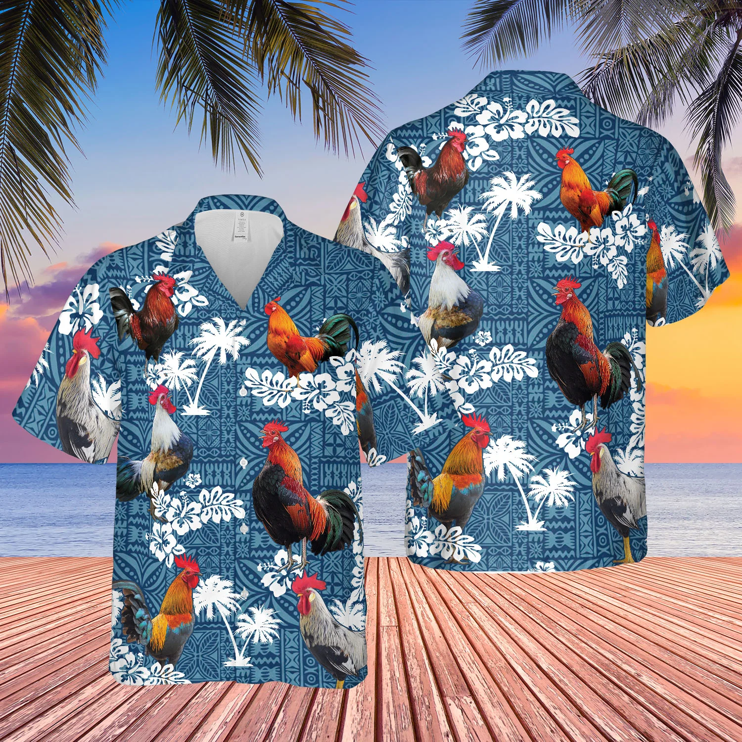 Rooster Tribal Blue Display Vibrant Hawaiian Shirt 3D Edition