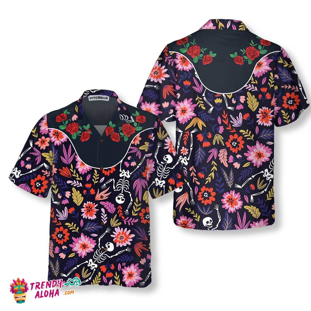 Rose Dancing Skeleton Dia De Los Muertos Hawaiian Shirt, Day Of The Dead Gift Shirt