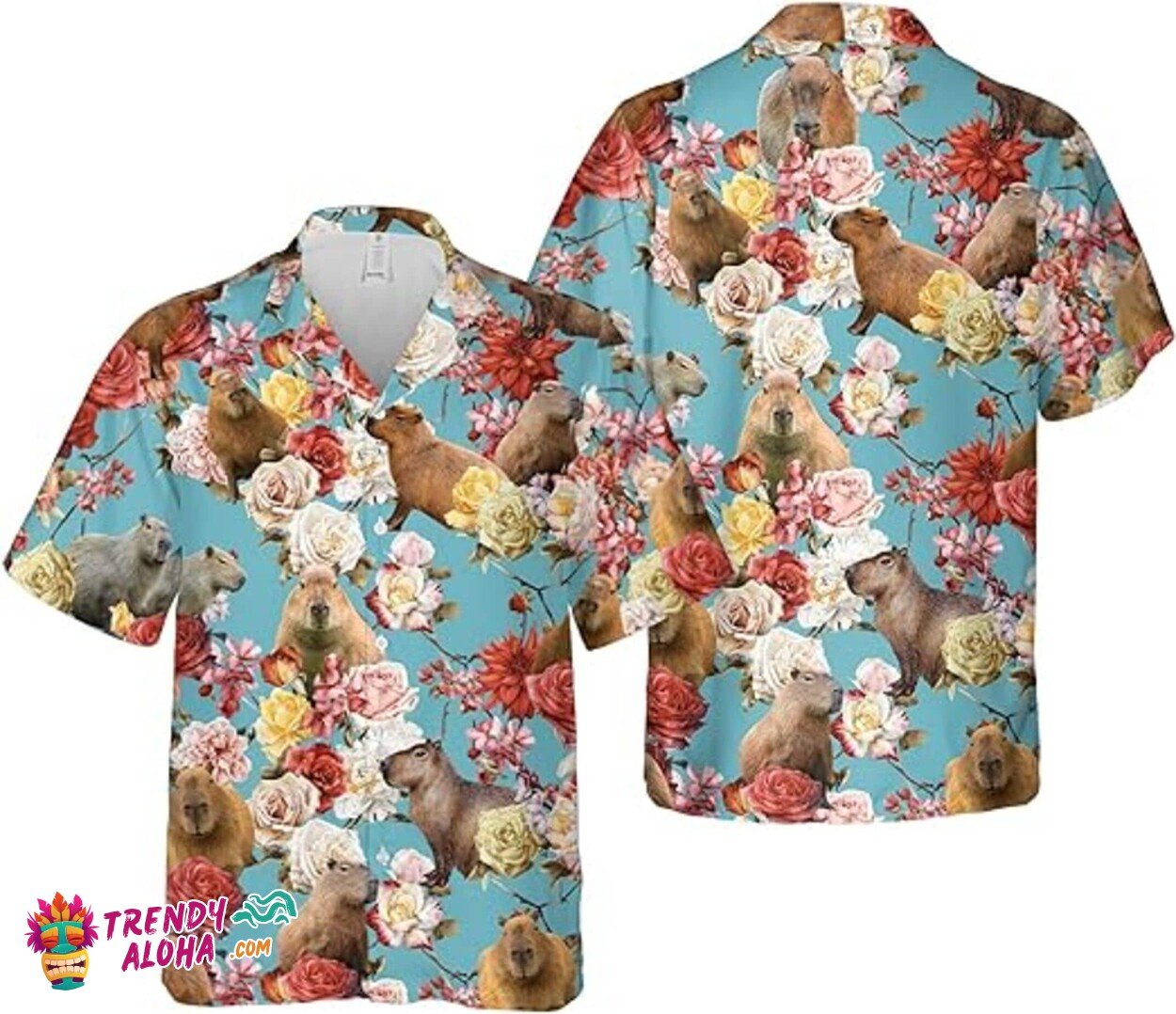 Rose Flower and Capybara Print Tropical Summer Hawaiian Shirt