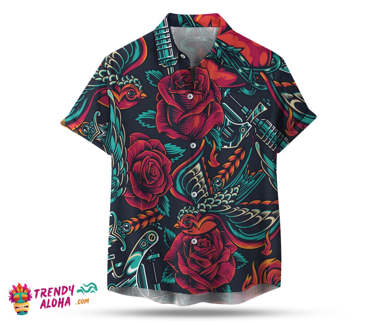 Roses Bird Tattoo 3D Print Hawaiian Unisex Shirt for Halloween