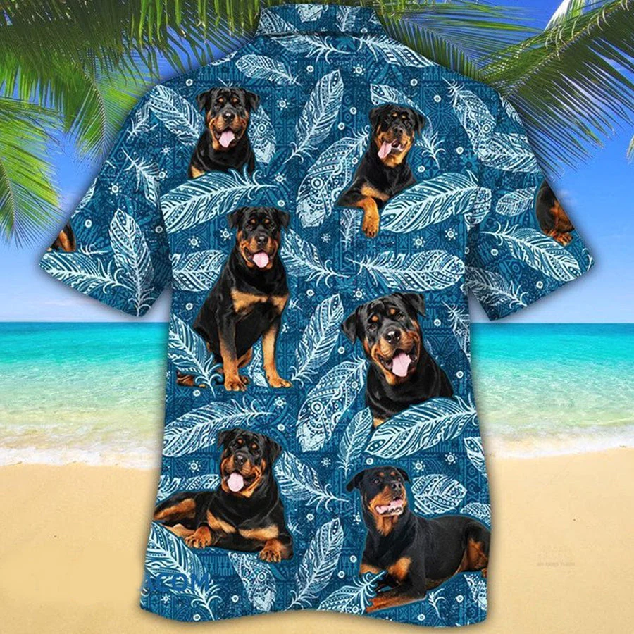 Rottweiler Dog Lovers Blue Feather Hawaii Trendy Hawaiian Shirt