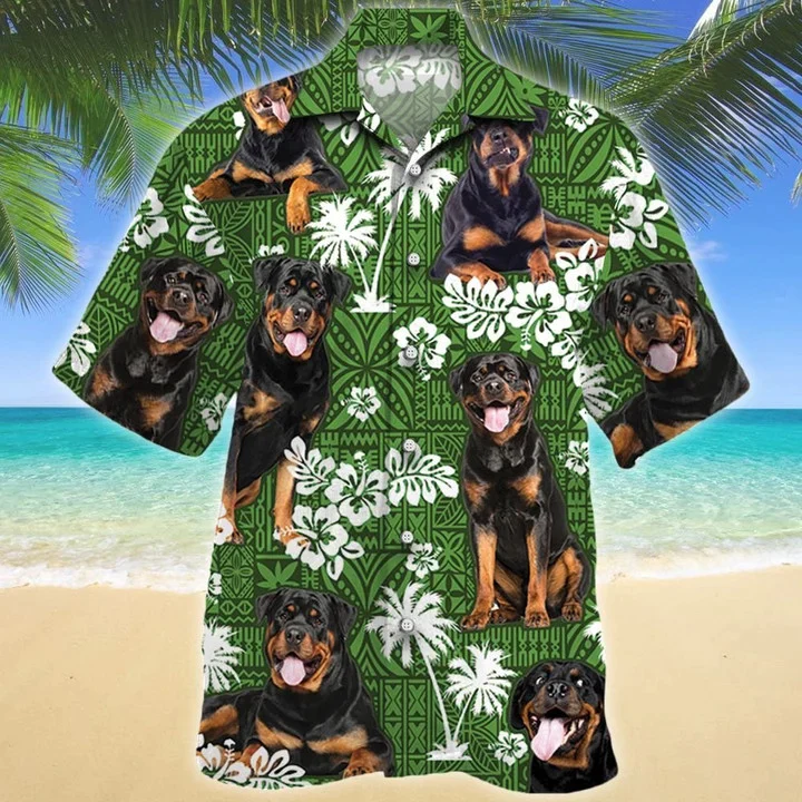 Rottweiler Dog Tongue Out On Green Tribal Pattern Trendy Hawaiian Shirt Rottweiler Dog Tongue Out On Green Tribal Pattern Trendy Hawaiian Shirt