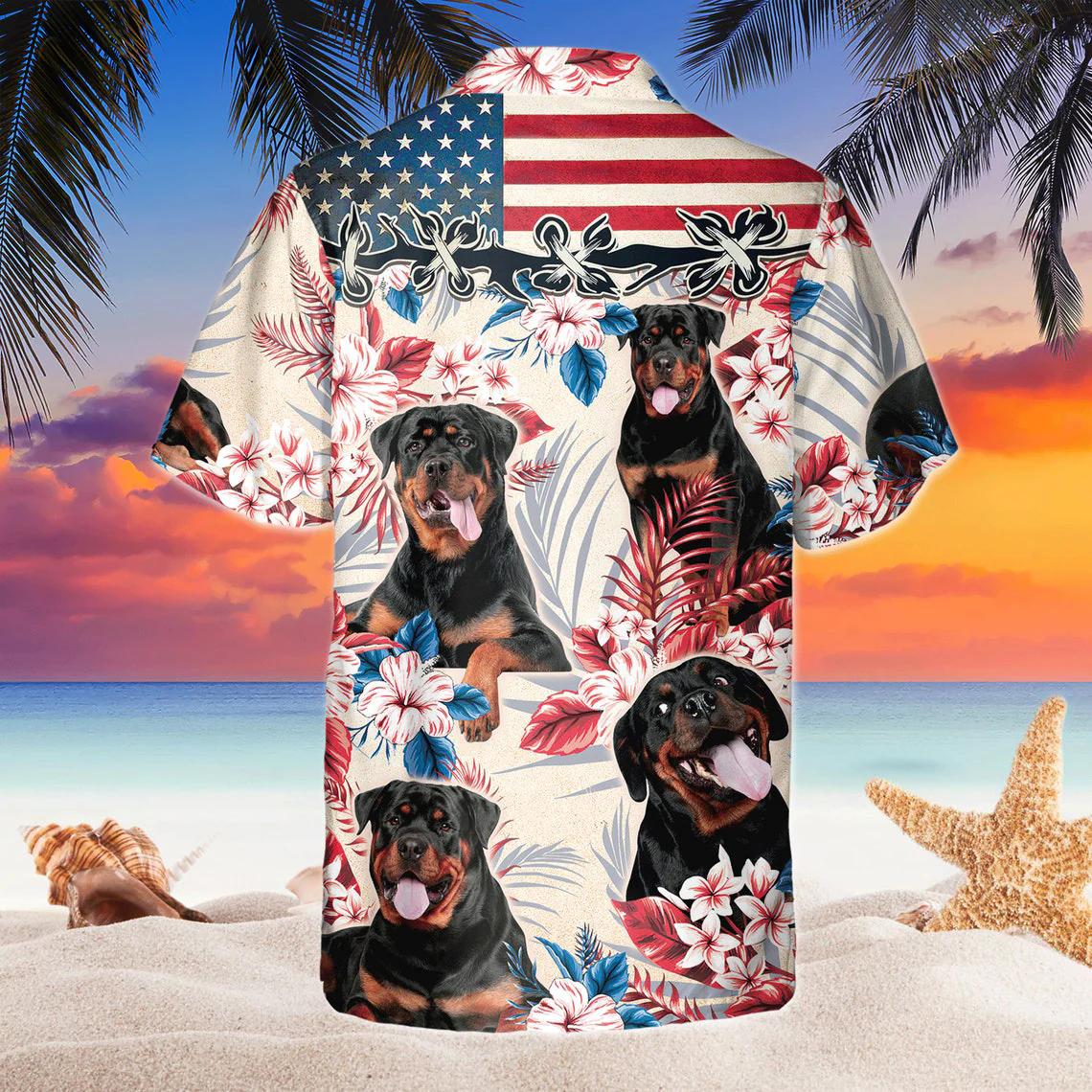 Rottweiler Dog United States Flag Hawaiian Flowers All Over Printed 3D Hawaiian Shirt