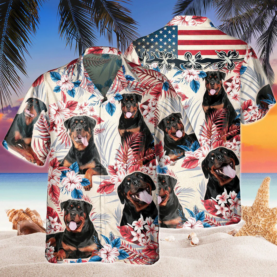 Rottweiler Dog United States Flag Hawaiian Flowers All Over Printed 3D Hawaiian Shirt Rottweiler Dog United States Flag Hawaiian Flowers All Over Printed 3D Hawaiian Shirt