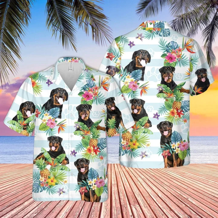 Rottweiler Trendy Hawaiian Shirt, Dog Tropical Flower Blue And White Striped Trendy Hawaiian Shirt Rottweiler Trendy Hawaiian Shirt, Dog Tropical Flower Blue And White Striped Trendy Hawaiian Shirt