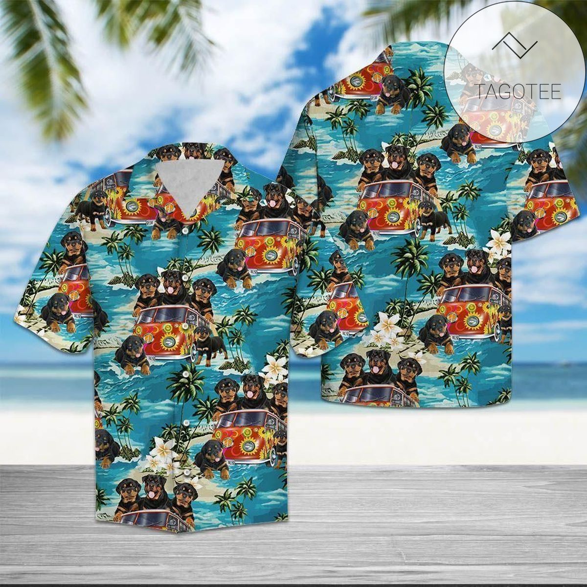 Rottweiler’s Joyful Tropical Moments Captured On Hawaiian Shirt