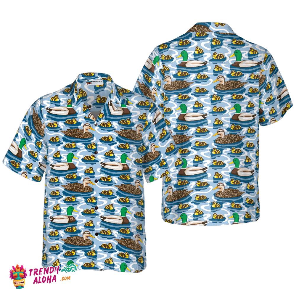 Rouen Duck Family Swimming Hawaiian Shirt, Arctic Blue Pond Texture Hawaiian Shirt Rouen Duck Family Swimming Hawaiian Shirt, Arctic Blue Pond Texture Hawaiian Shirt