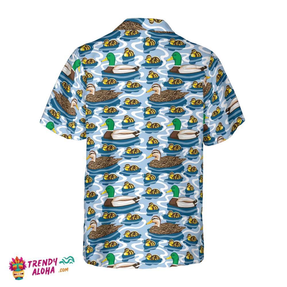Rouen Duck Family Swimming Hawaiian Shirt, Arctic Blue Pond Texture Hawaiian Shirt