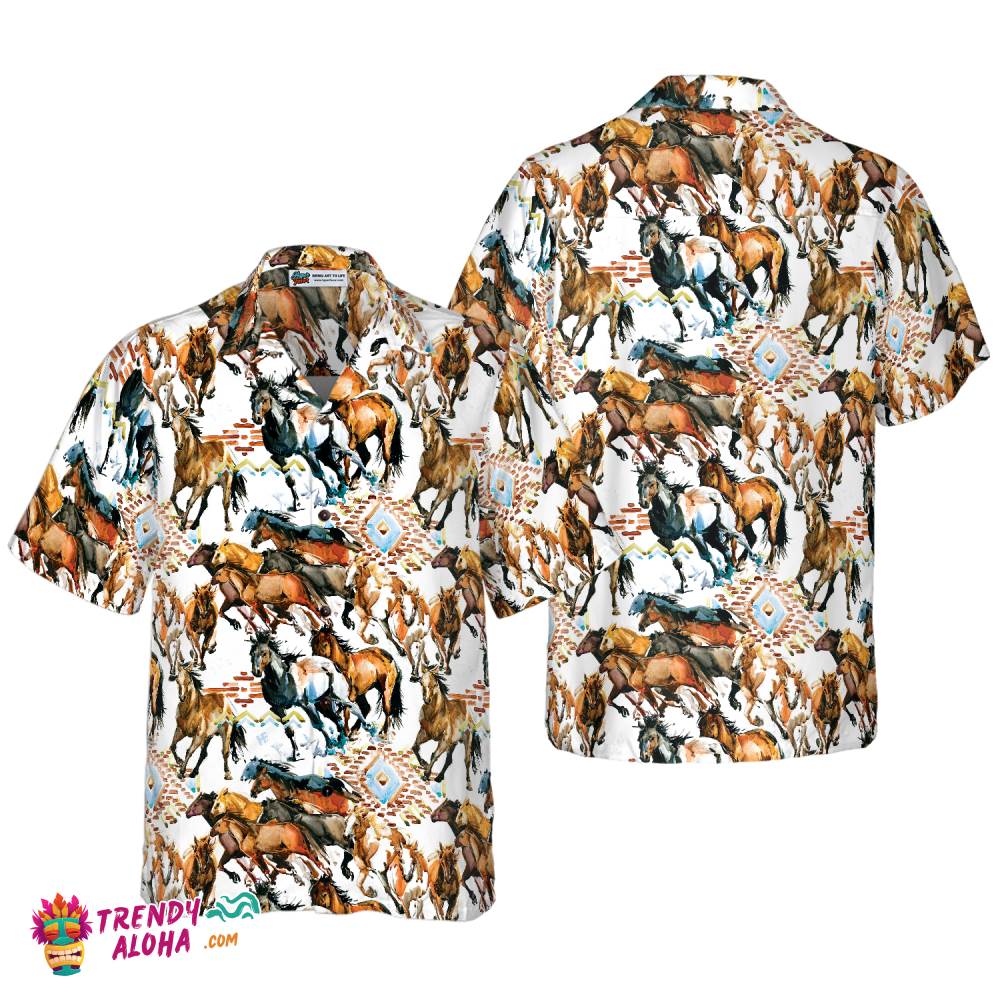 Running Wild Horse With Tribal Texture Hawaiian Shirt