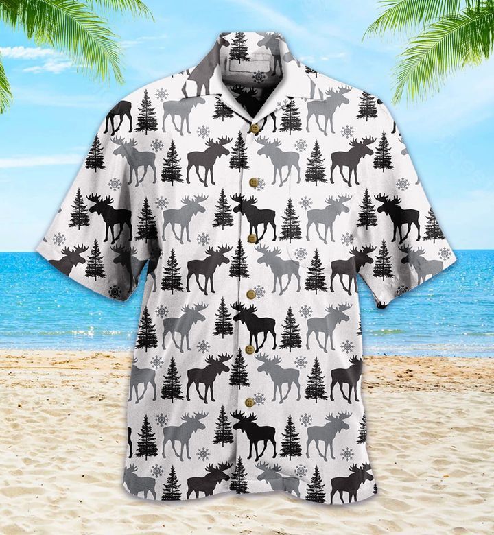 Rustic Deer Moose And Bear Tree Grey Hawaiian Shirt 3D Summer Gifts