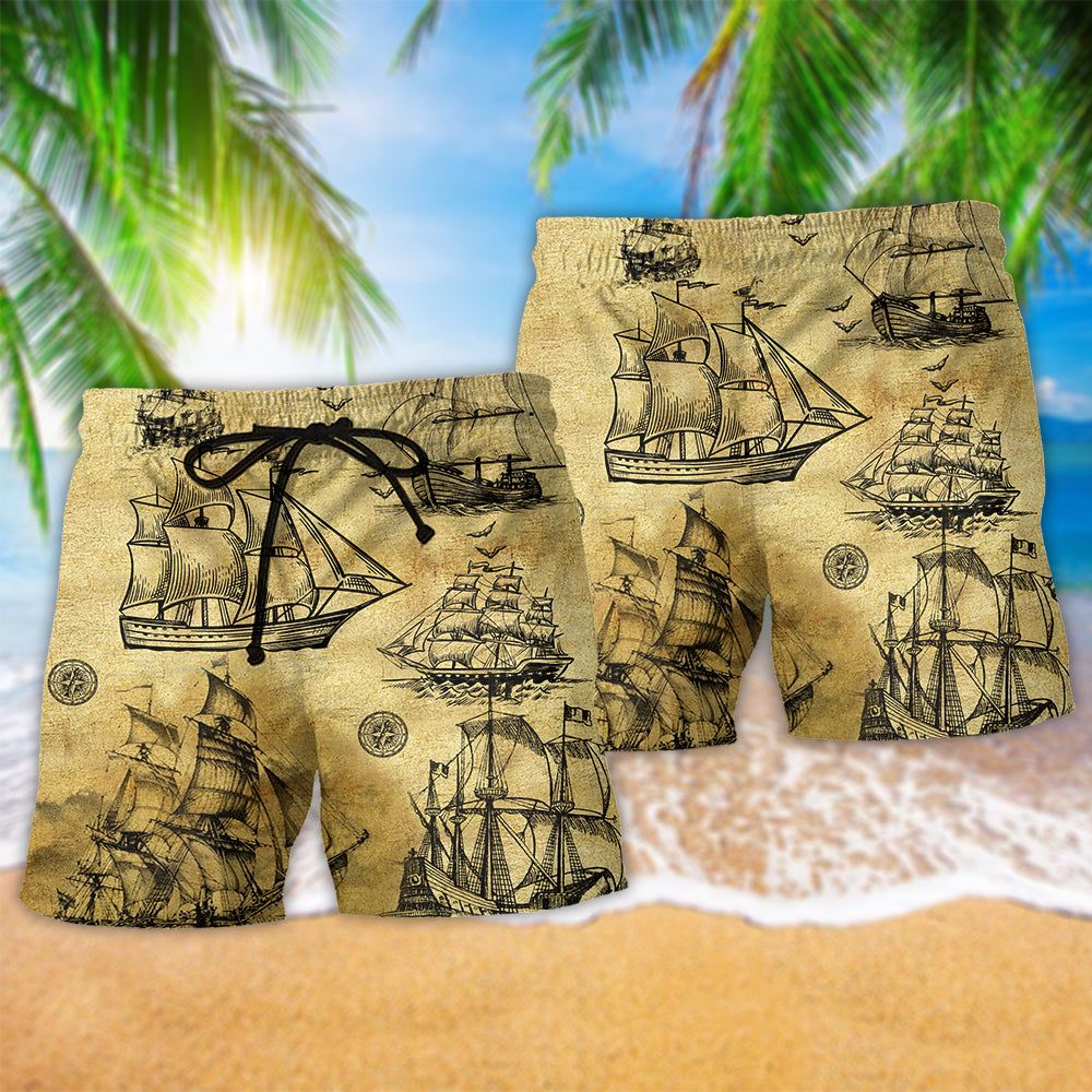 Sail Vintage On Ocean Trendy Aloha Hawaiian Beach Shorts