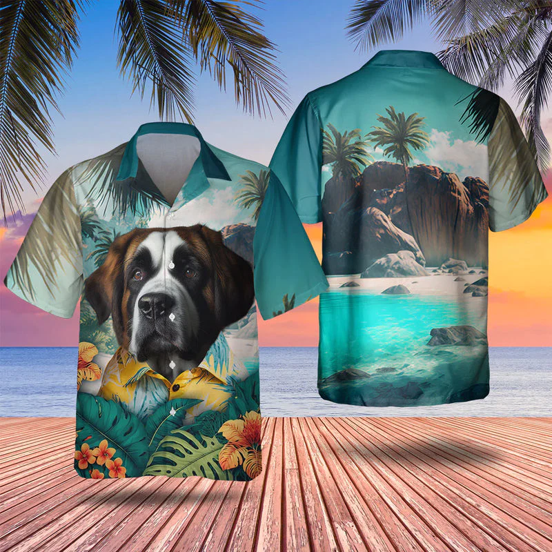 Saint Bernard 3D Tropical Trendy Hawaiian Shirt, Dog Lover Trendy Hawaiian Shirt, Summer Trendy Hawaiian Shirt For Men And Women Saint Bernard 3D Tropical Trendy Hawaiian Shirt, Dog Lover Trendy Hawaiian Shirt, Summer Trendy Hawaiian Shirt For Men And Women