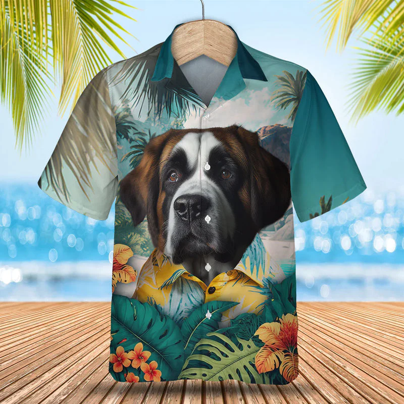 Saint Bernard 3D Tropical Trendy Hawaiian Shirt, Dog Lover Trendy Hawaiian Shirt, Summer Trendy Hawaiian Shirt For Men And Women