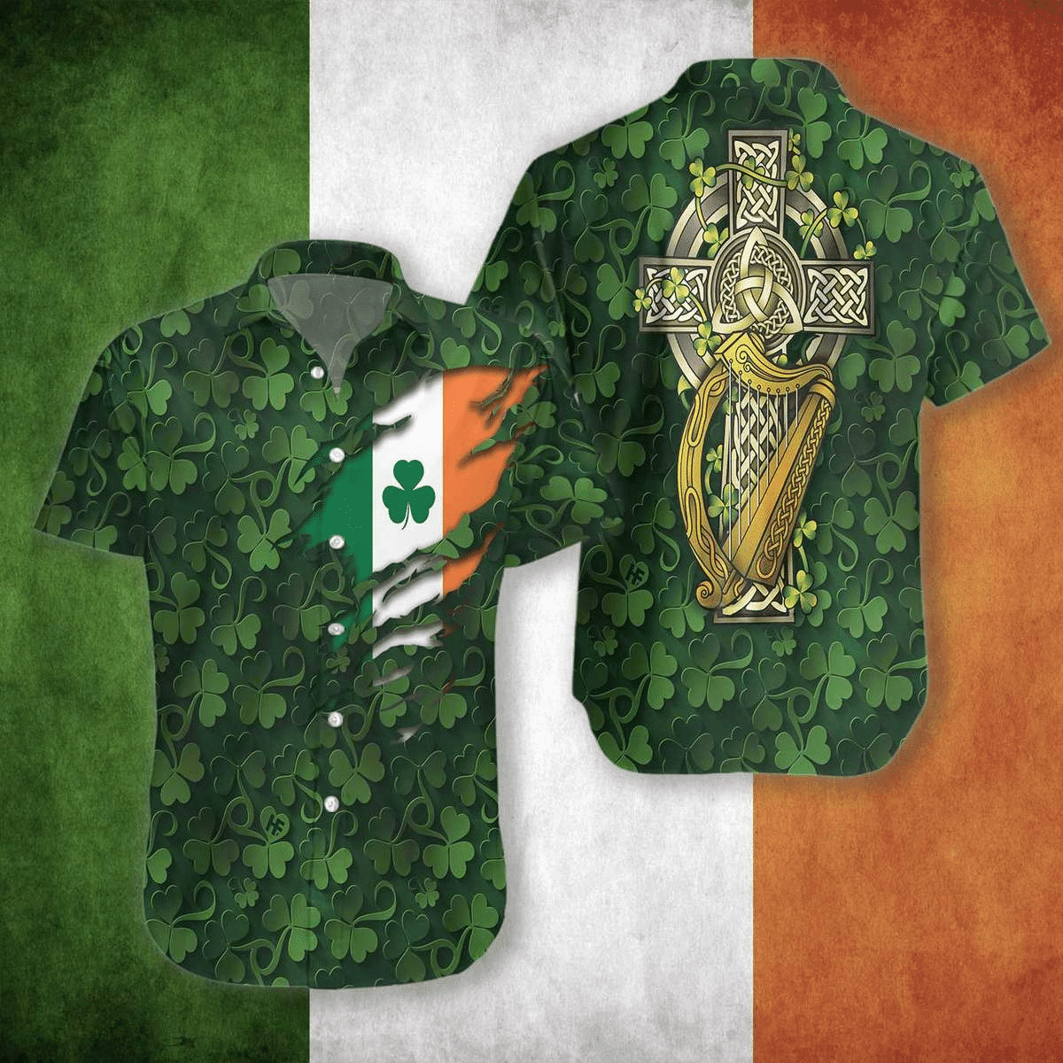 Saint Patrick’s Day Shamrock Celtic Cross Harp Irish Hawaiian Shirt