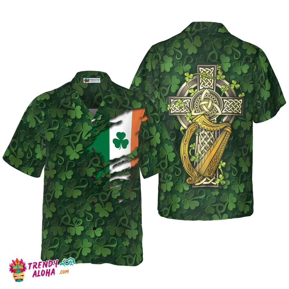 Saint Patrick’s Day Shamrock Celtic Cross Harp Irish Hawaiian Shirt