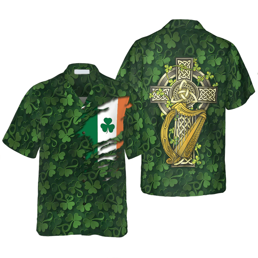 Saint Patrick’s Day Shamrock Celtic Cross Harp Irish Trendy Hawaiian Shirt