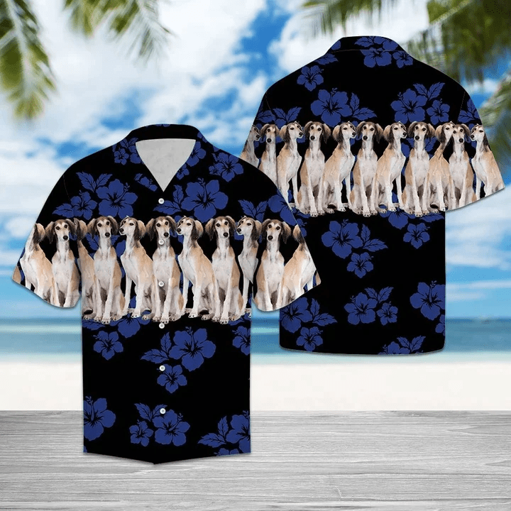 Saluki Dogs With Blue Hibiscus In Black Trendy Hawaiian Shirt Saluki Dogs With Blue Hibiscus In Black Trendy Hawaiian Shirt