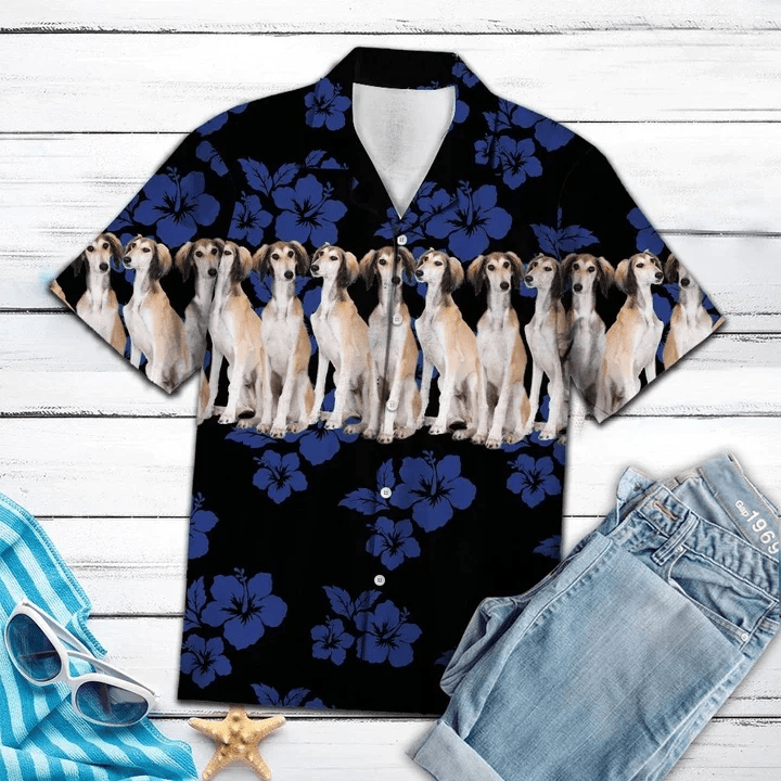 Saluki Dogs With Blue Hibiscus In Black Trendy Hawaiian Shirt