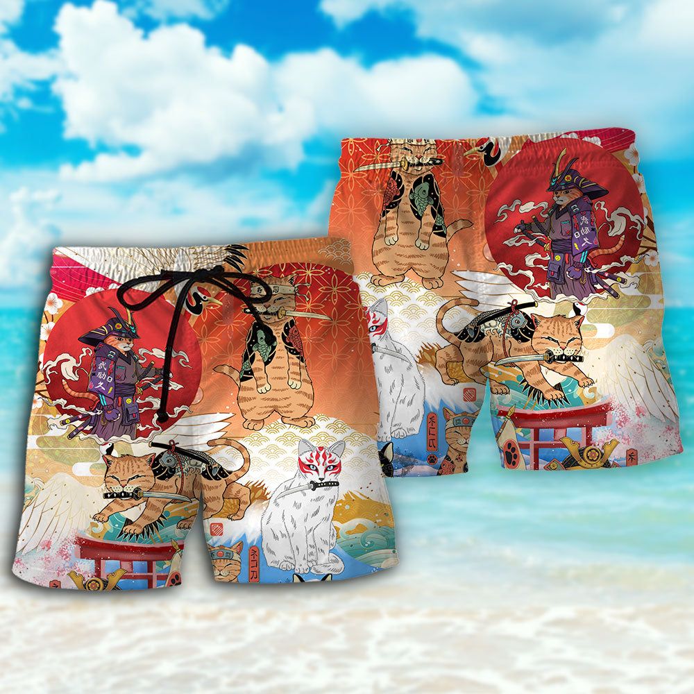 Samurai Cat Funny Art Japanese Trendy Aloha Hawaiian Beach Shorts