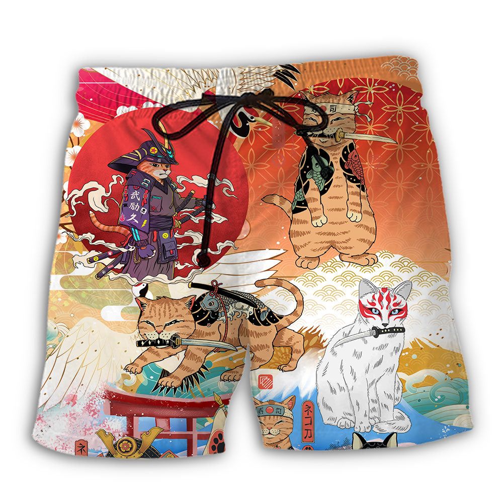 Samurai Cat Funny Art Japanese Trendy Aloha Hawaiian Beach Shorts