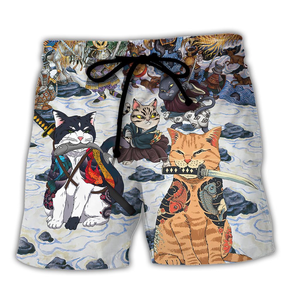 Samurai Cats – A Small Measure Of Peace Trendy Aloha Hawaiian Beach Shorts
