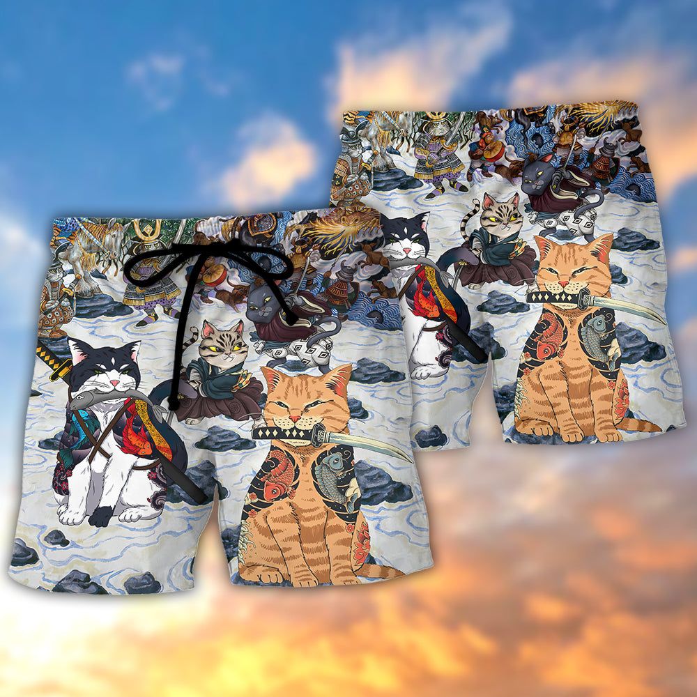 Samurai Cats – A Small Measure Of Peace Trendy Aloha Hawaiian Beach Shorts
