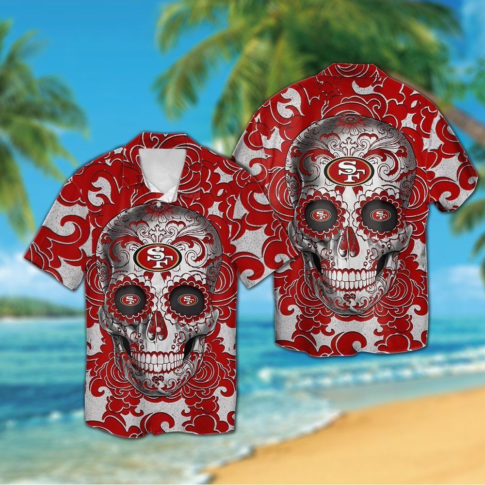 San Francisco 49ers Sugarskull Short Sleeve Button Up Tropical Hawaiian Shirt