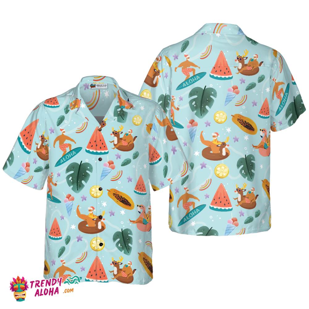 Santa Beach 2 Pattern Hawaiian Shirt, Christmas Shirts Short Sleeve Button Down Shirt For Men And Women Santa Beach 2 Pattern Hawaiian Shirt, Christmas Shirts Short Sleeve Button Down Shirt For Men And Women