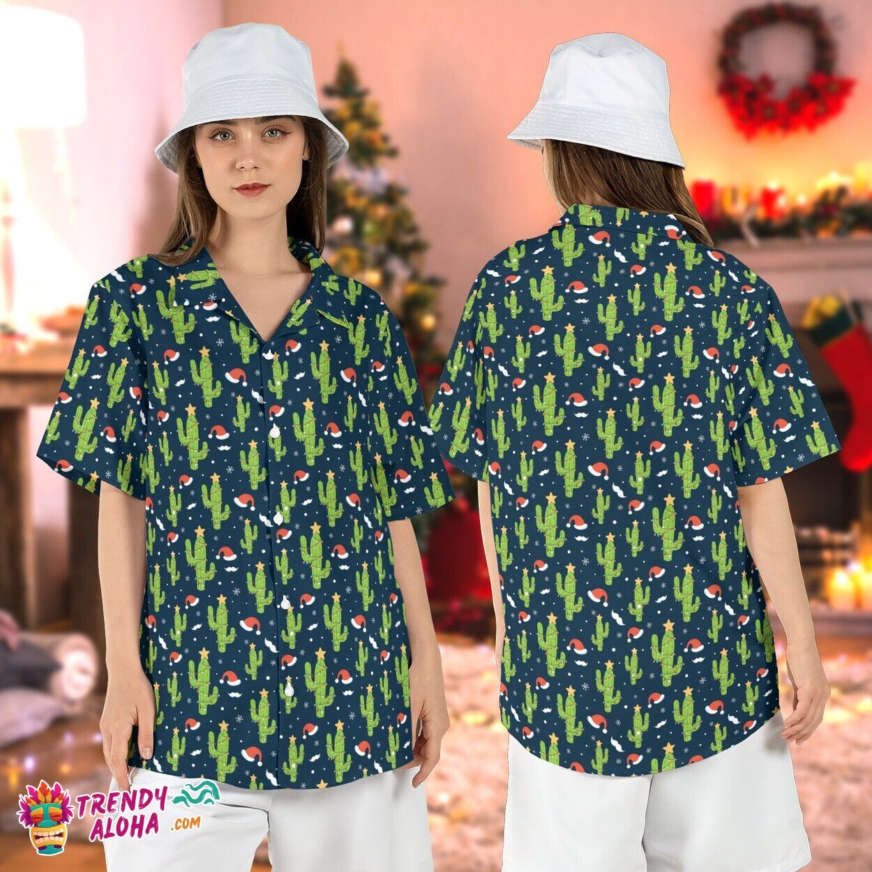 Santa Cactus Christmas Lights Xmas Tropical Plant Lover Aloha Top