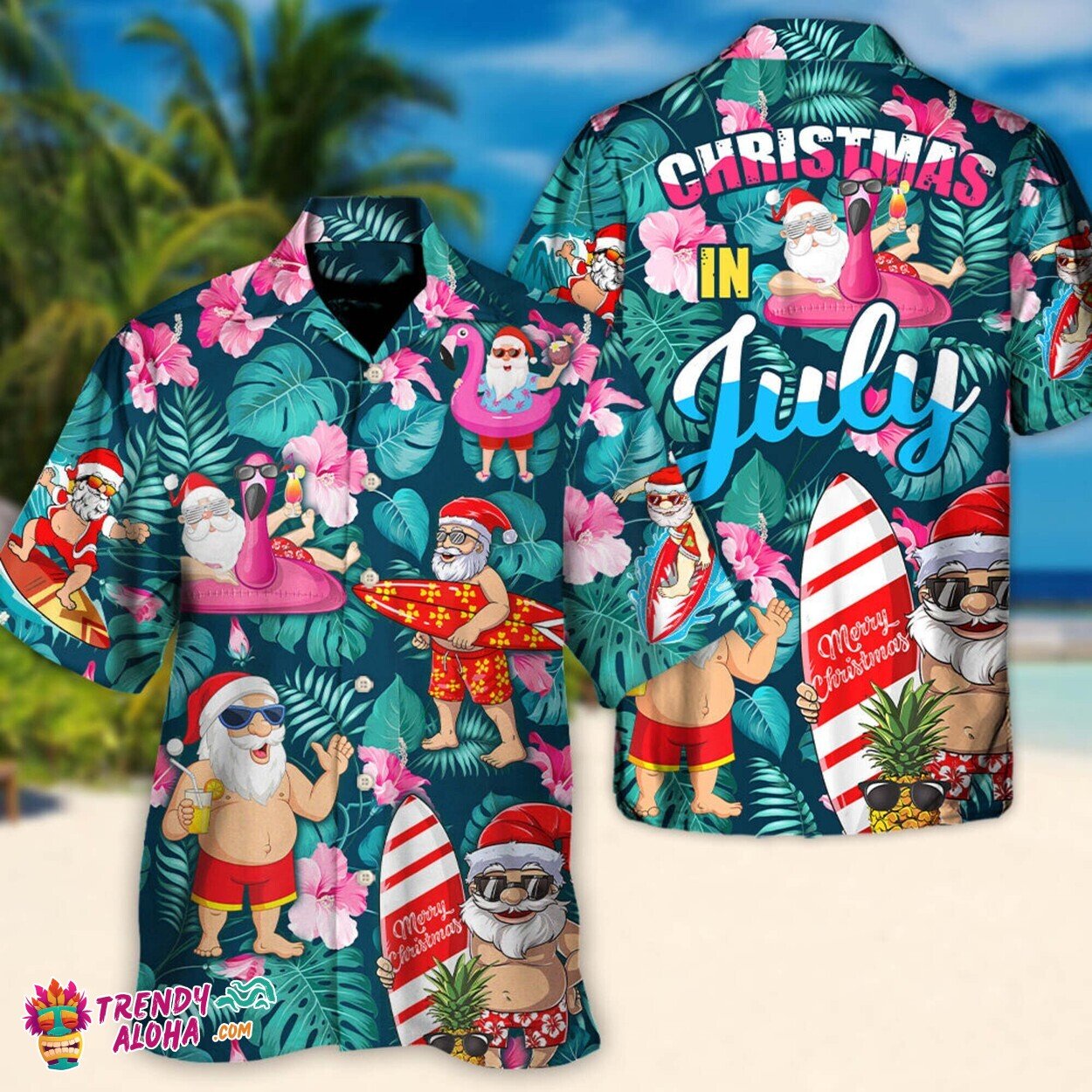Santa Claus Christmas in July Tropical Xmas Beach Summer Aloha Shirt
