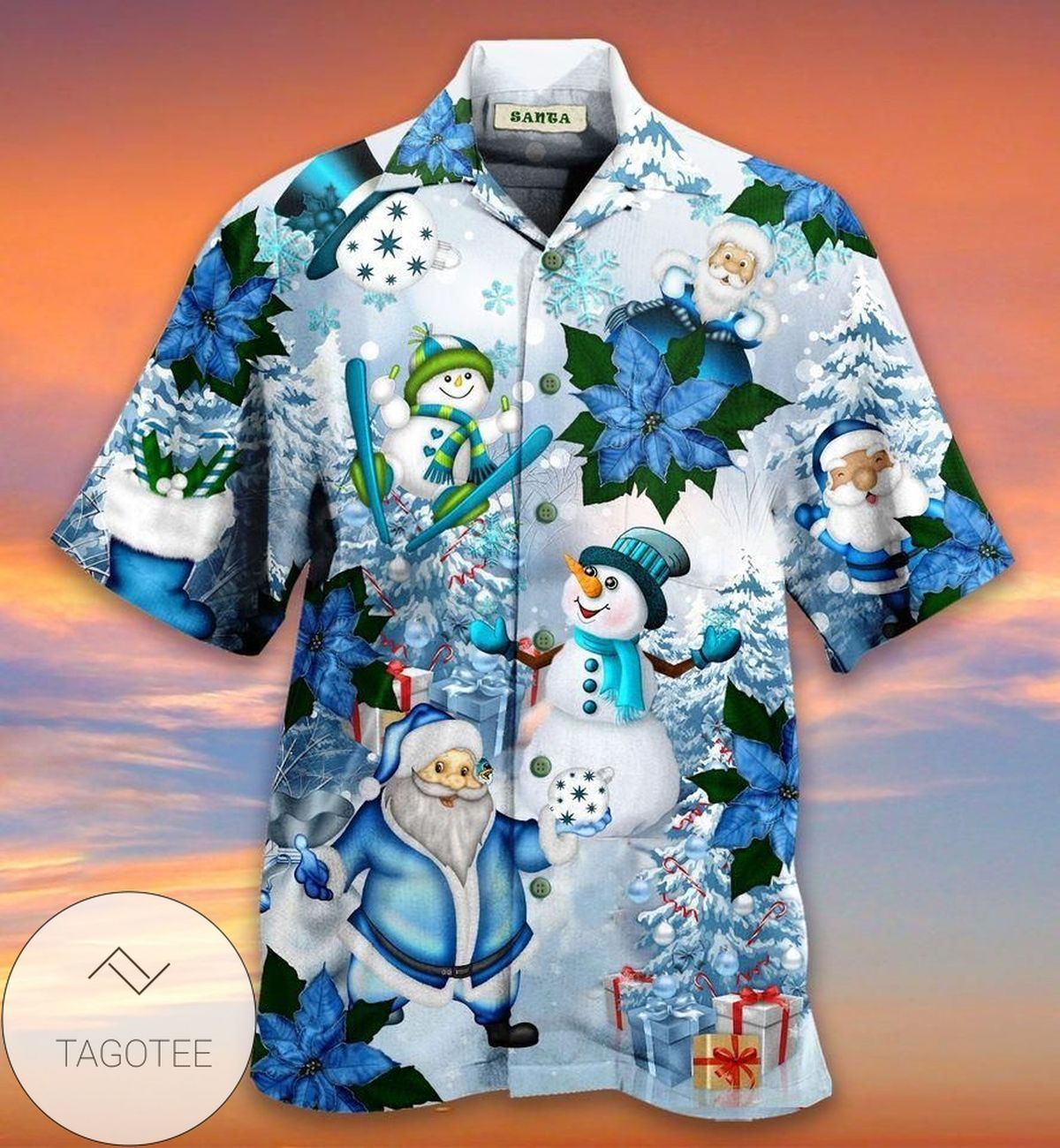 Santa Claus Dominates Cool Blue Sky Hawaiian Festive Seasonal Shirt