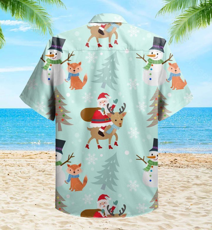 Santa Claus Snowman Deer Fox Winter Dusty Blue Trendy Hawaiian Shirt 3D, Fox Lover Trendy Hawaiian Shirt For Summer Gifts