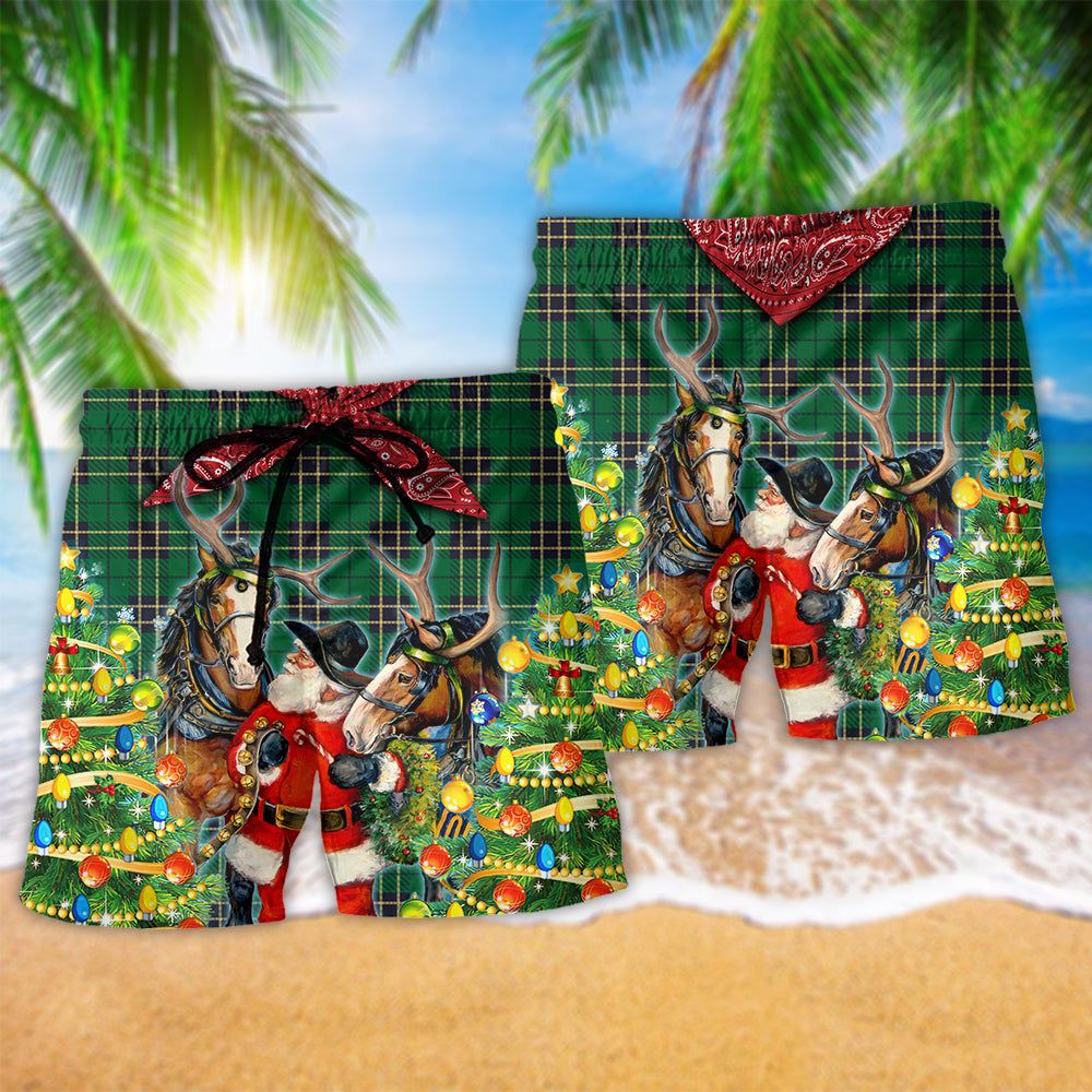 Santa Cowboy Merry Christmas Green Style Trendy Aloha Hawaiian Beach Shorts