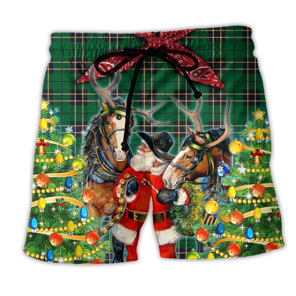 Santa Cowboy Merry Christmas Green Style Trendy Aloha Hawaiian Beach Shorts Santa Cowboy Merry Christmas Green Style Trendy Aloha Hawaiian Beach Shorts