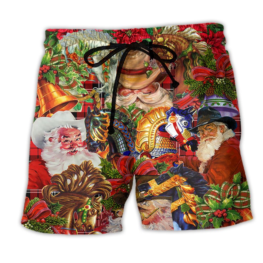 Santa Cowboy Merry Christmas Red Style Trendy Aloha Hawaiian Beach Shorts