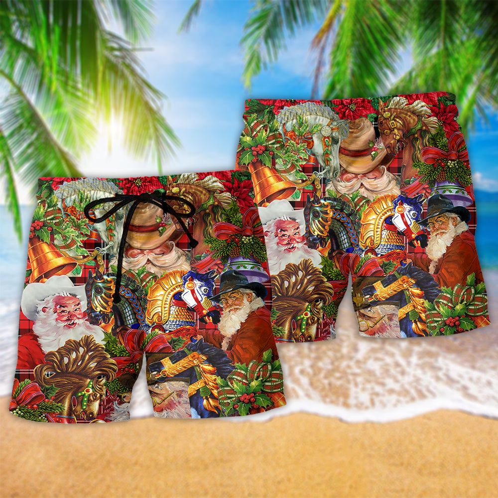Santa Cowboy Merry Christmas Red Style Trendy Aloha Hawaiian Beach Shorts