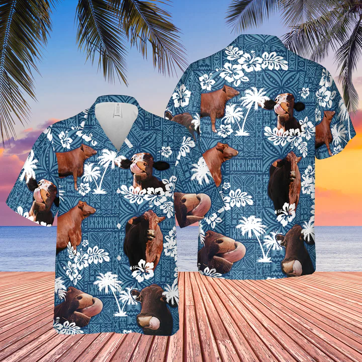 Santa Gertrudis Cattle Blue Tribal All Over Printed 3D Trendy Hawaiian Shirt