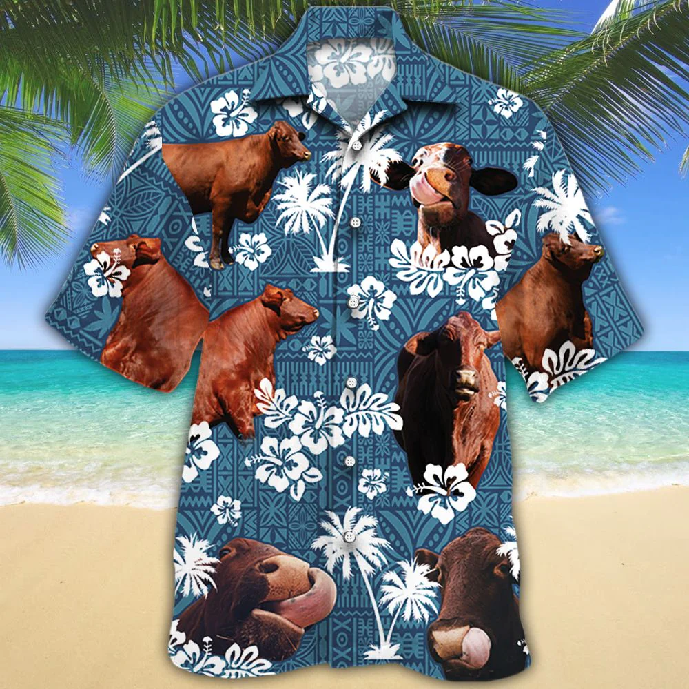 Santa Gertrudis Cattle in Blue Tribal Hawaiian Shirt Design