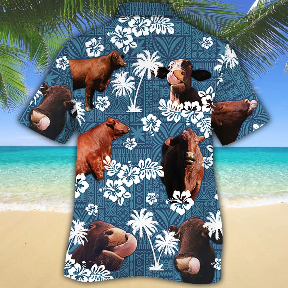Santa Gertrudis Cattle Lovers Blue Tribal Pattern Trendy Hawaiian Shirt, Cow Trendy Hawaiian Shirt For Summer Gifts