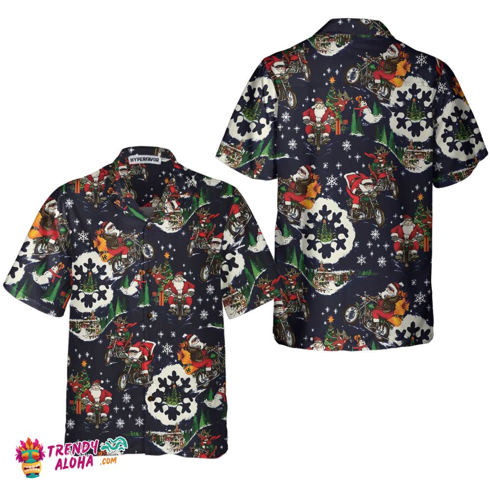 Santa On Motorcycle Blue Christmas Hawaiian Shirt For Men, Funny Christmas Gift For Motorcycle Lover Santa On Motorcycle Blue Christmas Hawaiian Shirt For Men, Funny Christmas Gift For Motorcycle Lover