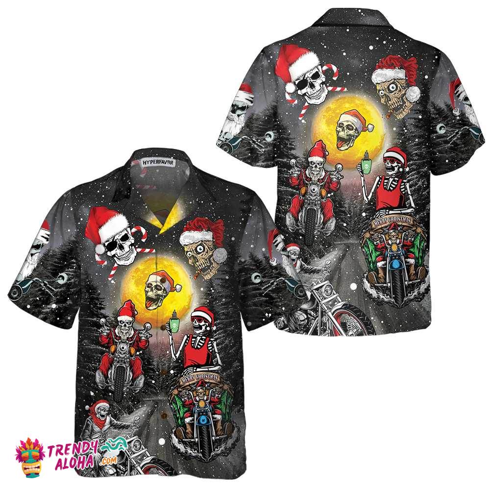 Santa Skeleton Merry Christmas Hawaiian Shirt, Funny Motorcycle Skull Biker Christmas Shirt, Gift For Christmas Santa Skeleton Merry Christmas Hawaiian Shirt, Funny Motorcycle Skull Biker Christmas Shirt, Gift For Christmas