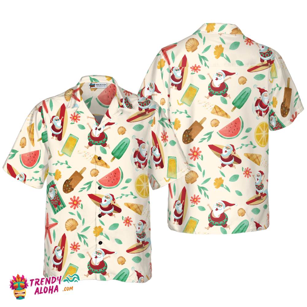 Santa Surfing 1 Pattern Hawaiian Shirt, Christmas Shirts Short Sleeve Button Down Shirt For Men And Women Santa Surfing 1 Pattern Hawaiian Shirt, Christmas Shirts Short Sleeve Button Down Shirt For Men And Women