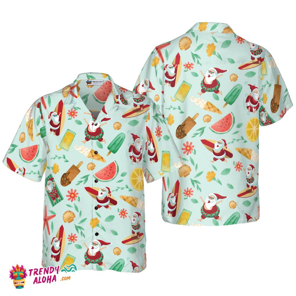 Santa Surfing 2 Pattern Hawaiian Shirt, Christmas Shirts Short Sleeve Button Down Shirt For Men And Women Santa Surfing 2 Pattern Hawaiian Shirt, Christmas Shirts Short Sleeve Button Down Shirt For Men And Women