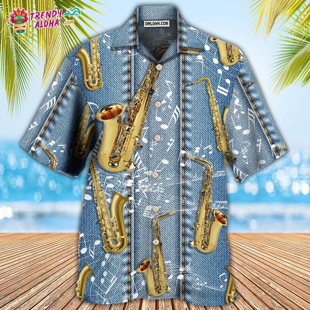 Saxophone Jeans Art Music Note Hawaiian Shirt – Trendy Aloha