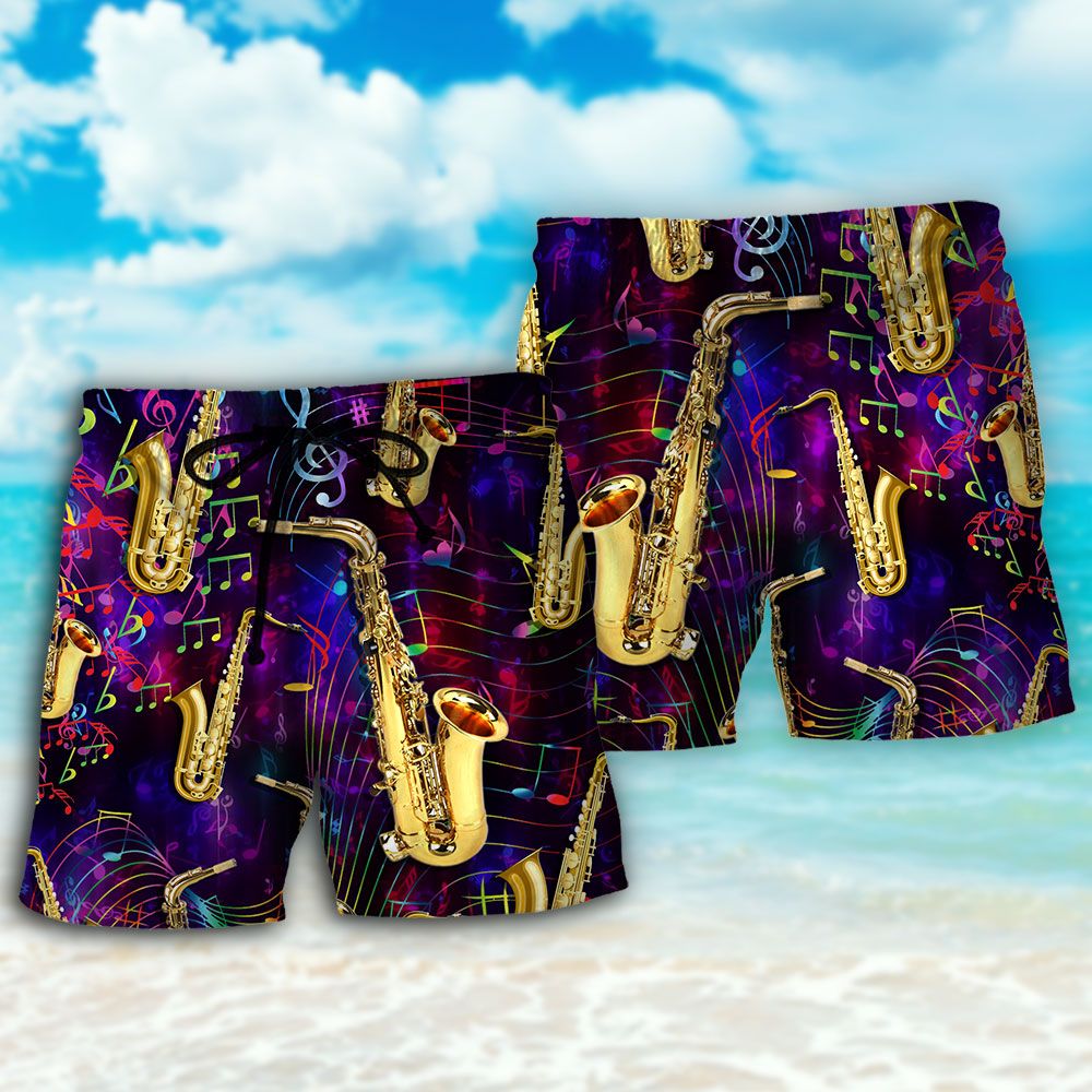 Saxophone Music Neon Art Trendy Aloha Hawaiian Beach Shorts