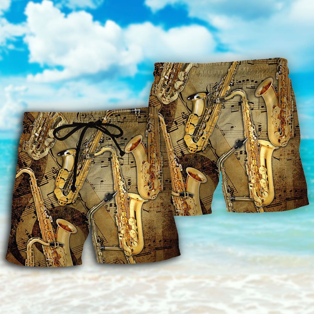 Saxophone Retro Music Notes Trendy Aloha Hawaiian Beach Shorts