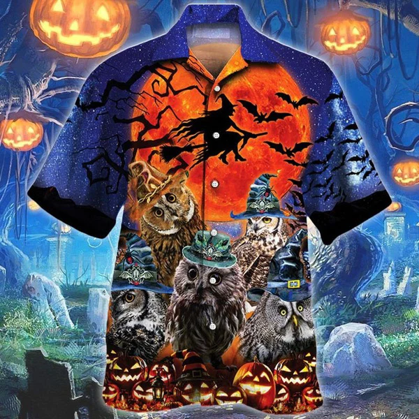 Scary Enough Halloween Owls Trendy Hawaiian Shirt, Unisex Print Aloha Short Sleeve Casual Shirt