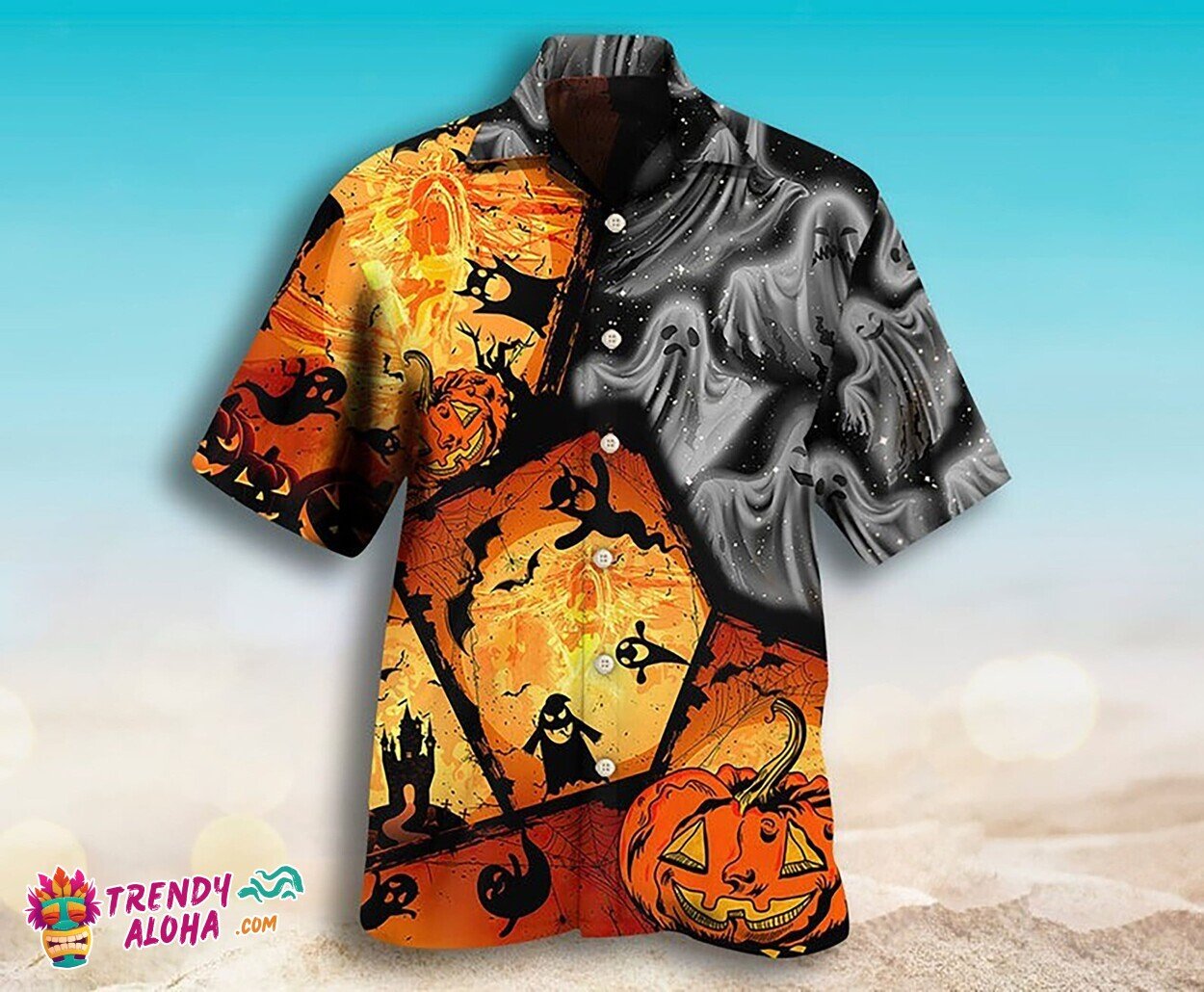 Scary Ghost & Pumpkin Print Halloween Themed Aloha Hawaiian Shirt