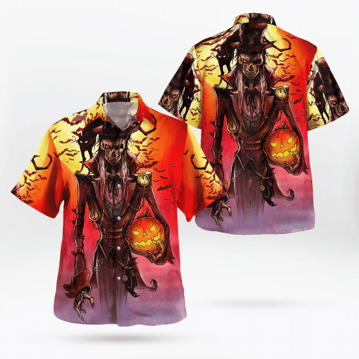 Scary Pumpkin Hunter and Black Cat Hawaiian Halloween Shirt